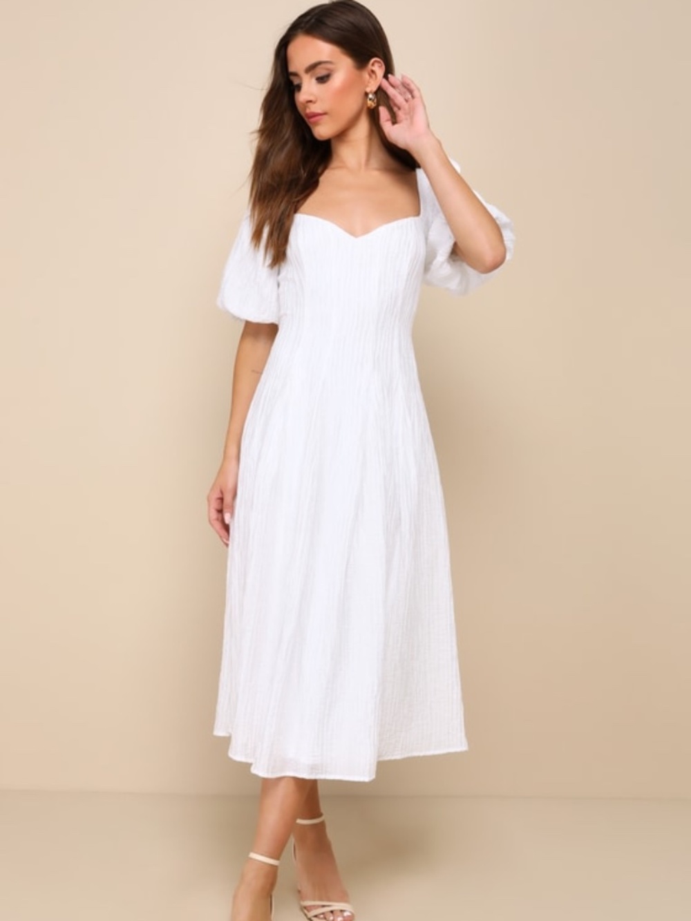 Lulus Heavenly Energy White Textured Puff Sleeve Pleated Midi Dress - Size M